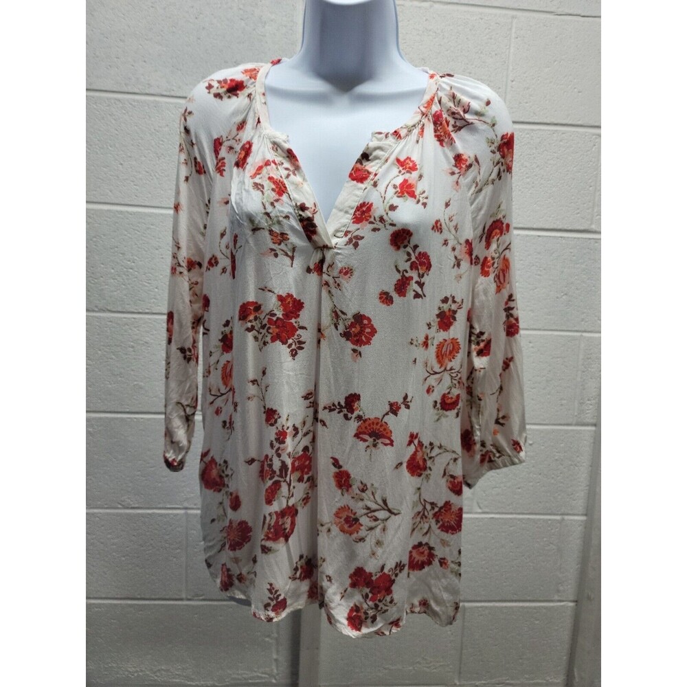 CYNTHIA ROWLEY Red Orange Floral Boho Peasant Tunic V-neck Blouse Plus Size L
